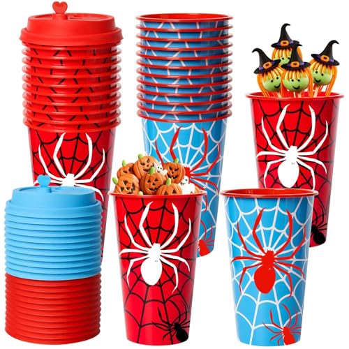 24 Pack Halloween Spider Web Plastic Party Cups with Lids - Reusable Kids Birthday Favors