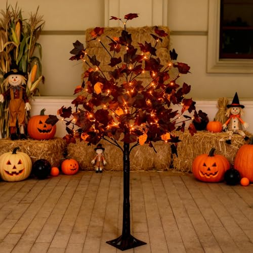 4ft Black Maple Halloween Tree with LED Skull Lights & Spiders - Indoor Outdoor Decor