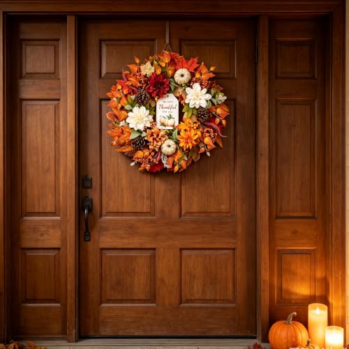 Fall Wreath for Front Door with Pumpkins Dahlias Pinecones Wood Sign - 24 Inch