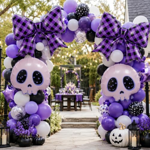 Purple Bow Skull Foil Balloons Party Decorations for Gothic & Halloween Celebrations
