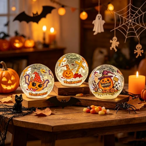 Halloween Crackle Glass Pumpkin LED Globe Lights - Battery Operated, 6H Timer, Orange Pumpkin Variation