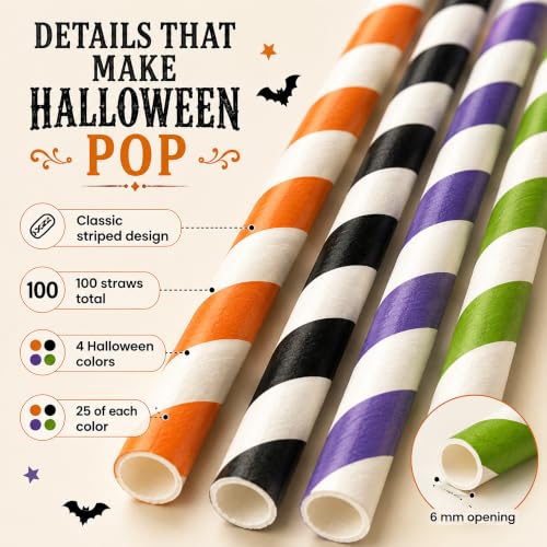 Halloween Paper Straws Pack - 100 Striped Party Drink Stirrers for Fall Events - Orange, Purple, Black & Green