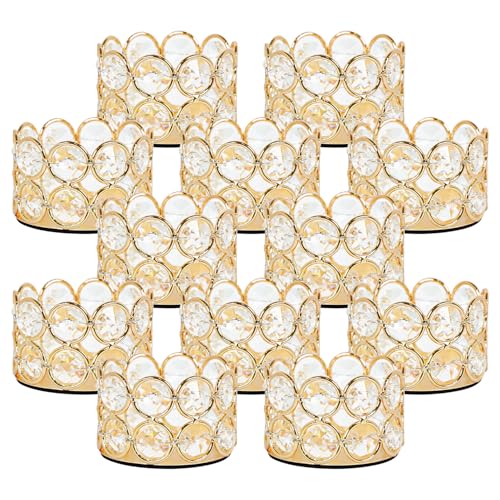 Gold Crystal Tea Light Candle Holders Pack of 12 for Wedding & Event Decor - Handmade K9 Crystal Beads - Elegant Home & Party Centerpiece - Gold / 12