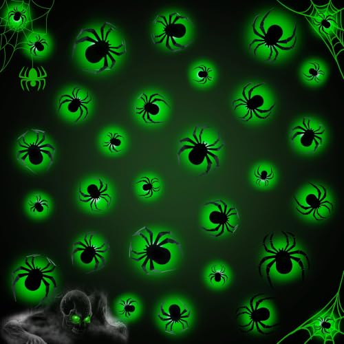 Green LED 3D Spider Halloween Decorations Set - 36pcs with 4 Sizes & Shapes