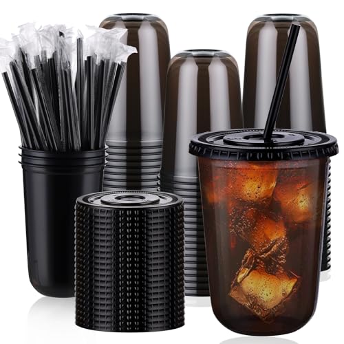 Black Plastic Disposable Cups with Lids & Straws 16oz - 100 Set