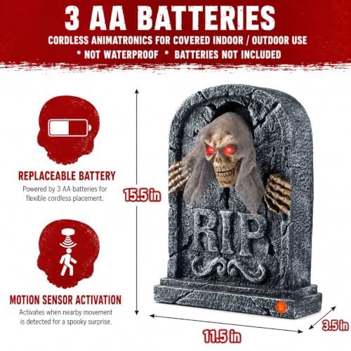 Motion Activated Halloween Animatronic Zombie Tombstone with LED Eyes & Creepy Voice - Indoor/Outdoor Decor