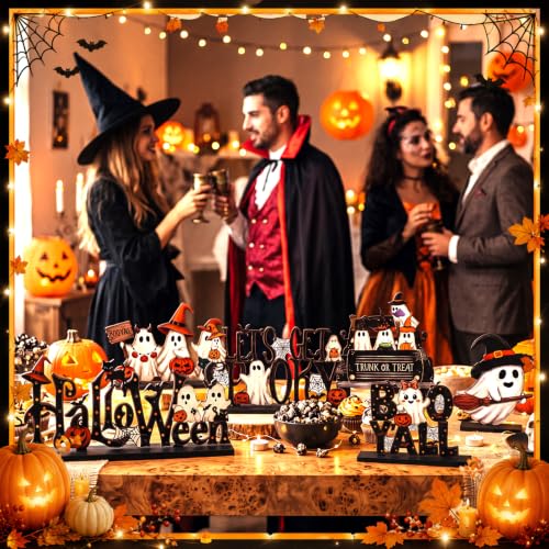 Halloween Wooden Table Decorations - 6 Pcs Spooky Centerpieces Black Variation