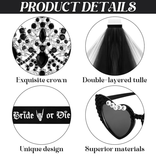 Gothic Bride Bachelorette Party Decorations Set - Black Tiaras Veil Sash & Glasses