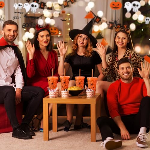 Halloween Plastic Cups with Lids & Straws - Orange Spiderweb Pattern, 24 oz, Bulk Pack