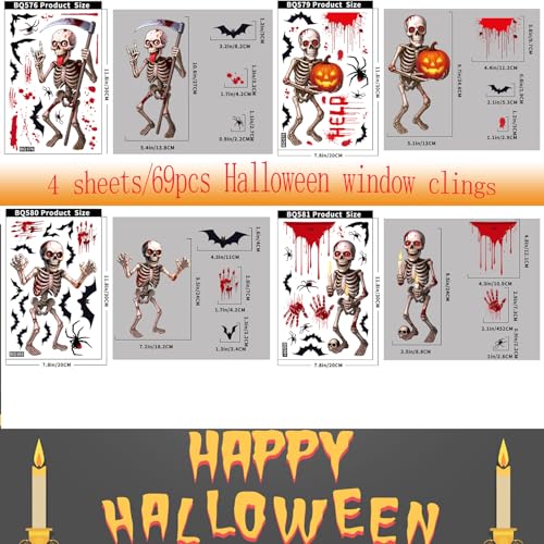 Gkeleton White Skeleton Halloween Window Clings - Double-Sided Skeleton Decals, 4 Sheets & 4 Giant Skeleton Stickers
