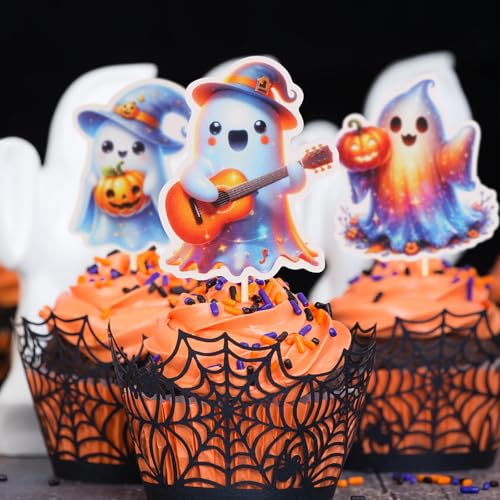 Halloween Ghost Music Guitar Cake Toppers Set - 24 Pcs Party Decorations