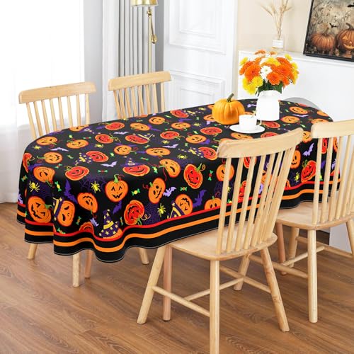 Halloween Oval Tablecloth 60x84 Inch Waterproof Bat Pumpkin Pattern - Washable Party Decor