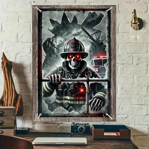 Halloween Skeleton Fireman Window Cover - 31x47 Inch Decoration - Colorful