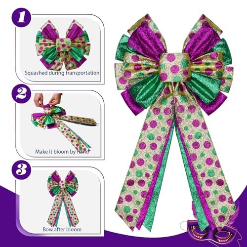 Purple Mardi Gras Tree Topper Bow Decor - 12x20 Glitter Wreath for Holiday & Party