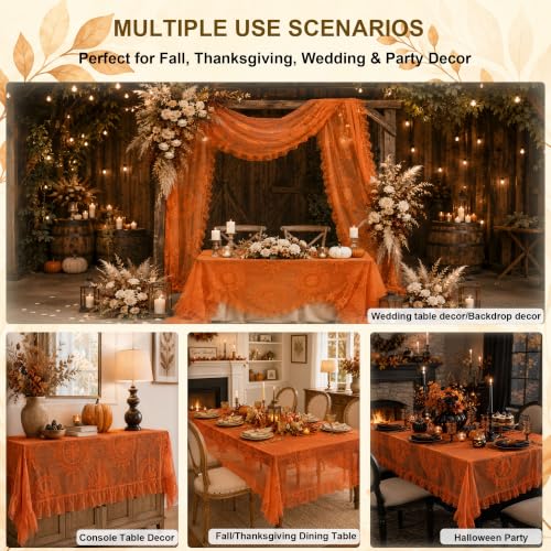 Fall Orange Lace Tablecloth - Vintage Rectangular 55x70 Inches with Ruffled Edge - Raedan