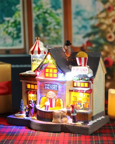 Christmas Village Lighted Decoration Animated Display Musical Popcorn Factory Whimsical