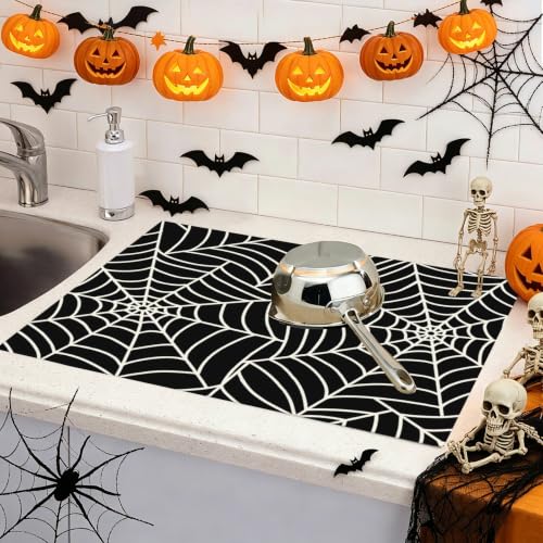 Halloween Spider Web Dish Drying Mat - Black & White Microfiber Kitchen Protector, 24x18 Inches