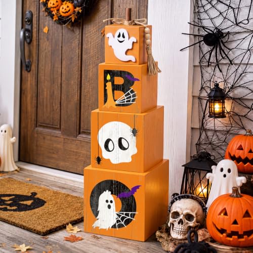 Halloween Porch Decor Set - Stacked Pumpkin and Ghost Boo Box with Wooden Crates - Fall Outdoor Decor - Variation of Pumpkin and Boo Ghost