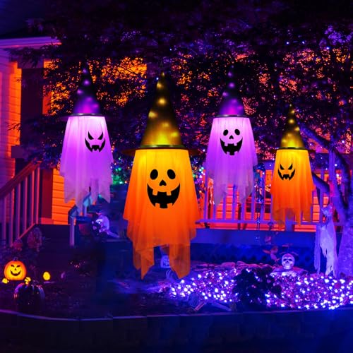 Halloween Outdoor Decorations 2 Pcs Glowing Ghost Witch Hats Hanging Decor - Variation of Ghosts Decor