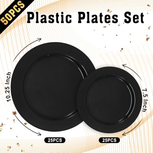 Black Plastic Disposable Plates Set 50 Pack - 25 Dinner & 25 Dessert Plates - Black / 50