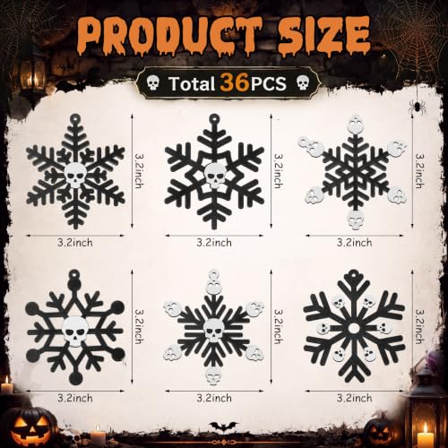 Halloween Skull Snowflake Wooden Ornaments Set - Gothic Hanging Decorations, 36 Pieces, Variation: Snowflake