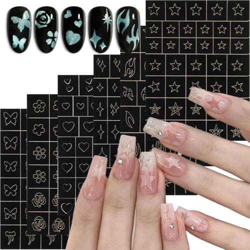 Black Airbrush Stencil Nail Art Stickers - 6 Sheets, 190 Patterns
