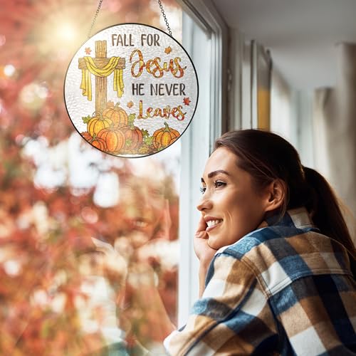 Amber Faith Autumn Stained Glass Window Hanging - 8in Christian Sun Catcher