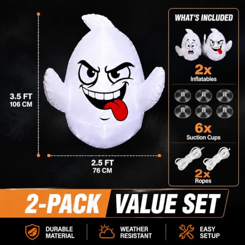 Halloween Inflatable Window Ghosts - 3.5 Ft Flying Ghost Decorations with LEDs & Suction Cups - White Ghost Variation