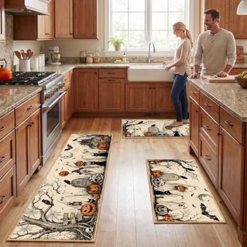 Halloween Kitchen Rug Set of 3 Spooky Ghost Dog Fall Decor Non-Slip Mats