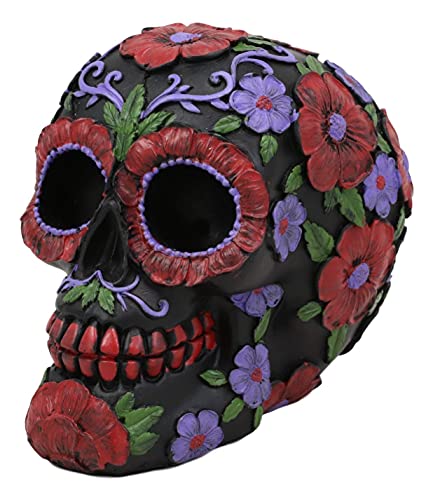 Black Day of The Dead Floral Sugar Skull Figurine - Summer Red & Purple Flowers Variation - Halloween & Dia de los Muertos Decor 6"