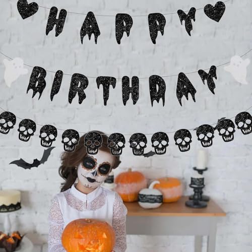 Black Glitter Halloween Birthday Banner & Skull Garland Set