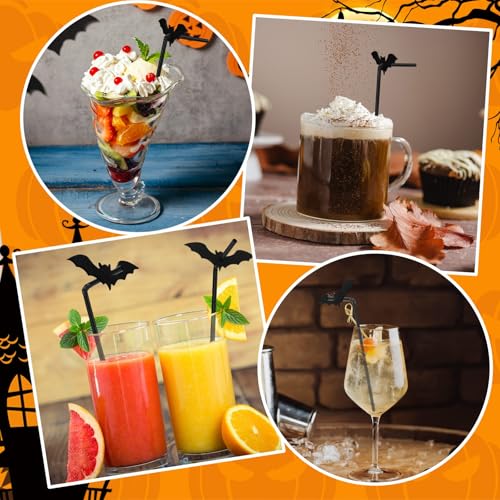 Halloween Black Glitter Bat Drinking Straws with Bat Style Toppers - 40 Pcs