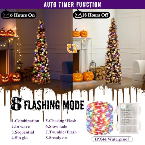 Halloween Tree Decorations with Lights - 5FT Black Purple Collapsible Tinsel Tree with Pumpkins & 8 Lighting Modes