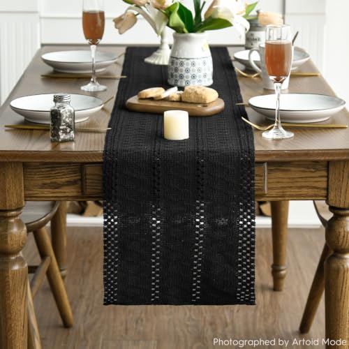 Black Woven Farmhouse Table Runner 12x72 Inch - Durable Cotton Polyester Decor
