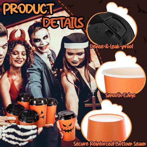120 Pcs 12oz Halloween Pumpkin & Jack O Lantern Coffee Cups with Lids - Disposable Party Tableware