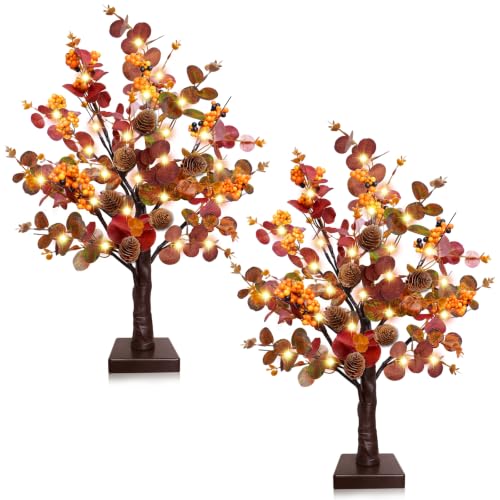 Prelit Fall Trees - 2 Pack 18-Inch Battery-Operated Autumn Decor with Timer