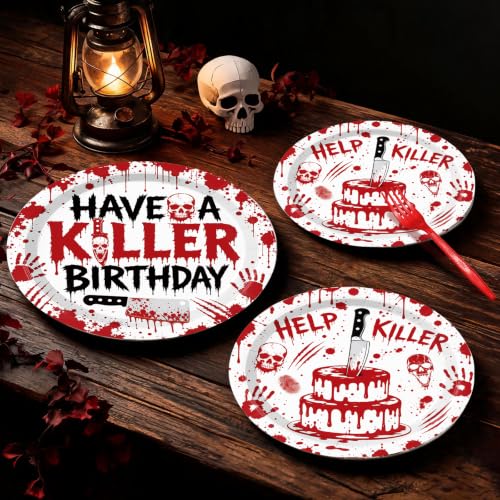 Killer Bloody Hand Disposable Party Plates Napkins & Forks Set - Halloween & Horror Theme Variation