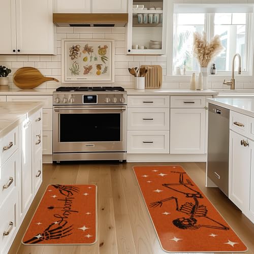 Skeleton Halloween Kitchen Mats Set of 2 - Orange, 17x29 & 17x47 Inches
