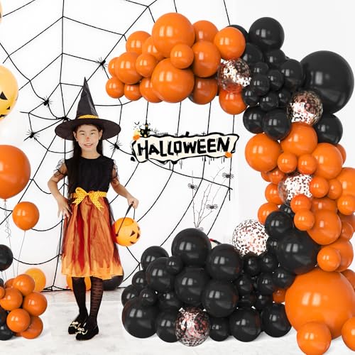 Halloween Balloon Arch Kit - Black, Orange & Rose Gold Confetti, 130 Pcs