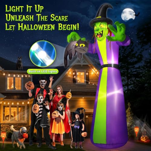 Giant Halloween Inflatable Witch with Black Cat - 12FT Outdoor Yard Decor with LEDs & Blower