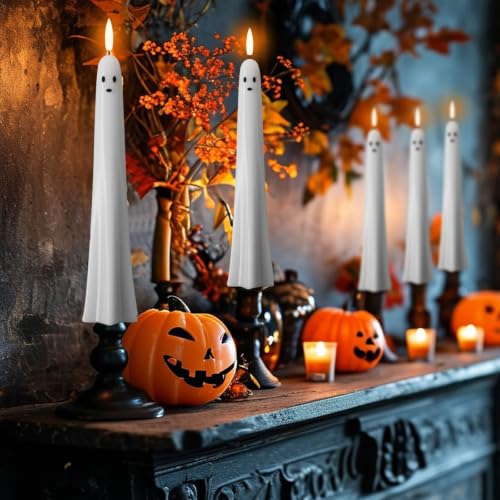 4Pack Flameless Ghost Taper Candles with Remote Control - Flickering Battery Operated Halloween Decor