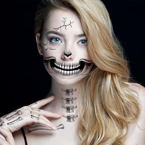 Skeleton Face Tattoo Set – 5 Temporary Halloween Skeleton Tattoos for Men & Women – Skeleton Face Tatto Variation