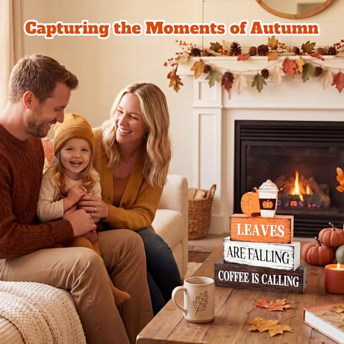 Fall Wooden Decor Set - Leaves Falling and Coffee Is Calling - Rustic Autumn Table Decorations