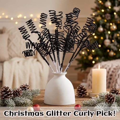 Black Glitter Curly Christmas Tree Picks - 12 Pack, 11.81 Inches