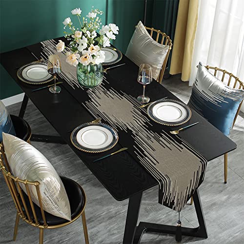 Black 13x98 Inch Abstract Geometric Table Runner with Tassels and Gold Rings - Modern Decor