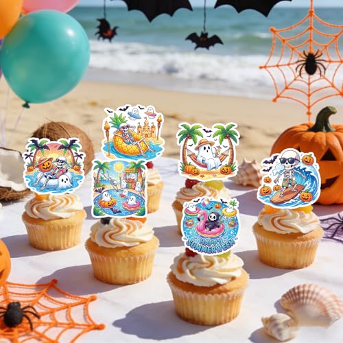 Summer Ween Cupcake Toppers 48PCS Halloween Party Decorations with Surfing Skeletons