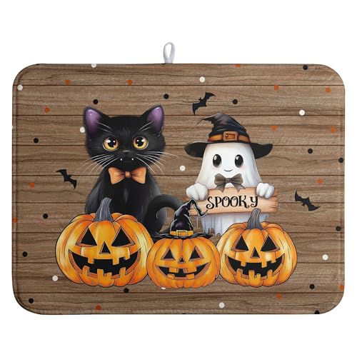 Halloween Spooky Ghost Pumpkin Dish Drying Mat - Ghost Cat Variation 18x24 in