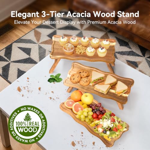 Acacia Wood 3 Tier Cupcake Stand - Foldable Dessert & Party Display