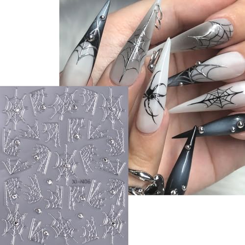 Flower Nail Stickers-5 Sheets Halloween Spider Web Rhinestones & Star Design Decals