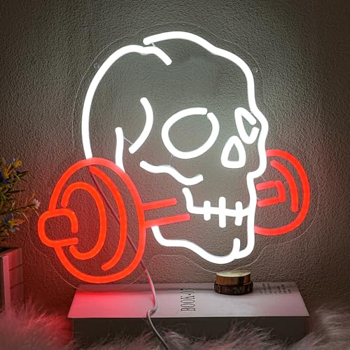 Skull Barbell Neon Sign for Gym Wall Decor Halloween Light - Red & White